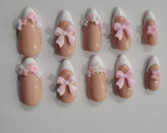 French Tip Press on Nails With Flowers and Bows