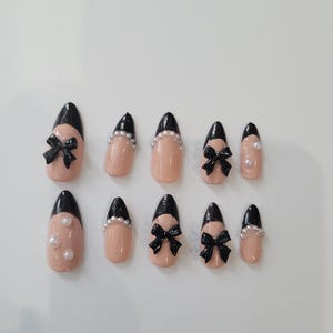 Black French Tip Press On Nails With Black Bows and Pearls