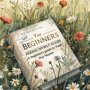 May include: A book titled "The Beginners" with the subtitle "Finding Myself Again" lies amidst a field of wildflowers. The book's cover is light-colored with text and floral illustrations. The image has a watercolor painting style.