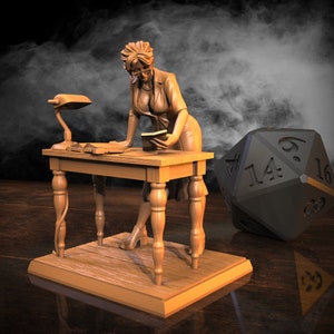 May include: A brown wooden desk with a lamp and a book on it. A woman figurine is standing at the desk, wearing a dress and glasses. A black and gray 20-sided die is in the background.