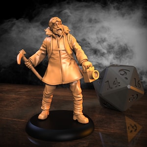 May include: A tan-coloured miniature figure of an explorer, holding an ice axe and a vintage camera. The figure wears a long coat, goggles, and a fur-lined collar. A large, black twenty-sided die is next to the figure.