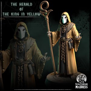 May include: A figurine of a robed figure with a mask, holding a staff. The figure is in a yellow robe with a black under-robe and a white mask. The text "THE HERALD OF THE KING IN YELLOW" is at the top of the image.