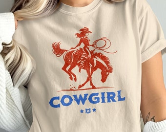 Maglietta grafica vintage da cowgirl, design con cavallo da rodeo, camicia western