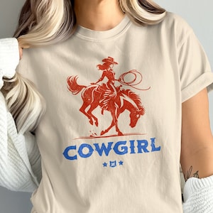Grafisch T-shirt western cowgirl rijdend paard, vintage rodeo T-shirt, retro cowgirl lasso ontwerp, country western shirt, cowboy cadeau-shirt