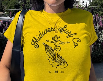 Vintage Midwest Surf Co. Baby Tee, Y2K Inspired Graphic Tee, 90s Retro Baby T-Shirt, Funky Graphic Design Tee, Nostalgic Baby Tee