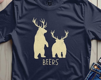 Koszulka z nadrukiem Bear Deer Beers, zabawny t-shirt z humorem myśliwsko-kempingowym