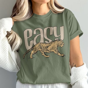 Retro Easy Tiger Graphic T-shirt, bekväma färger Vintage-tröja Hemp