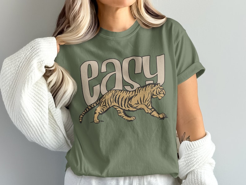 Retro Easy Tiger Graphic T-shirt, bekväma färger Vintage-tröja Hemp