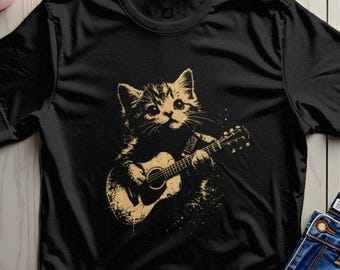 Koszulka z gitarą dla kota, koszulka z motywem kociaka, grafika z motywem zwierząt ludowych, prezent dla miłośnika gitary
