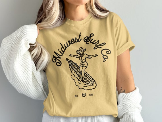 Vintage Surfing Girl Comfort Colors T-Shirt, Retro Surf Art Tee