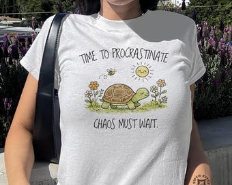 Czas na odkładanie na później T-shirt z żółwiem dla niemowląt, zabawny napis Y2K, uroczy nadruk z żółwiem, dopasowana koszulka damska z lat 90.