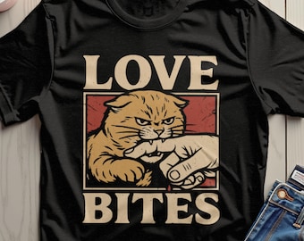 May include: Black t-shirt with a graphic design featuring a cartoon cat biting a hand. The text "LOVE BITES" is above and below the cat illustration in a bold, vintage font. The cat is light brown with an angry expression.