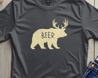 Koszulka z nadrukiem "Beer Deer Bear", zabawny prezent na polowanie i kemping