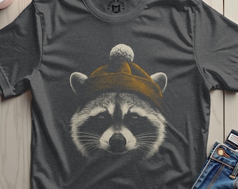 Camiseta de mapache, camiseta con gorro de invierno, regalo para amantes de los animales