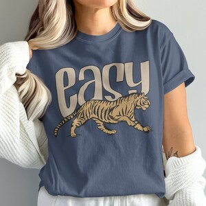 Retro Easy Tiger Graphic T-shirt, bekväma färger Vintage-tröja Denim