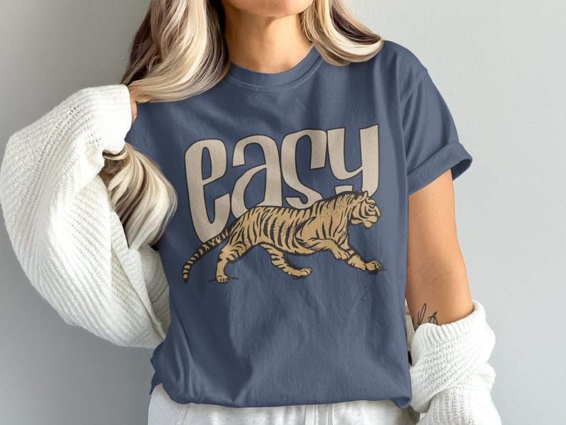 Retro Easy Tiger Graphic T-shirt, bekväma färger Vintage-tröja Denim