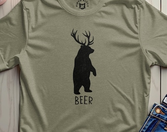 Koszulka z nadrukiem "Beer Deer Bear", humor kempingowy, wzór poroża dzikiego zwierzęcia
