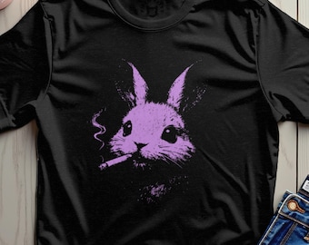 Koszulka z królikiem i papierosem, koszulka z grafiką z królikiem, koszulka z portretem zwierzęcia, prezent w stylu streetwear