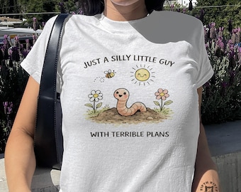 Koszulka dla niemowląt "Tylko głupiutki mały facet z okropnymi planami", zabawna koszulka dla niemowląt "Robak", uroczy T-shirt Cottagecore, damska dopasowana koszulka z zabawnym memem Generacji Z
