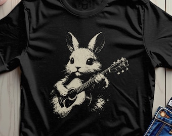 Koszulka z gitarą i królikiem, koszulka z motywem muzycznym królika, koszulka z motywem zwierząt ludowych, prezent dla miłośnika gitary