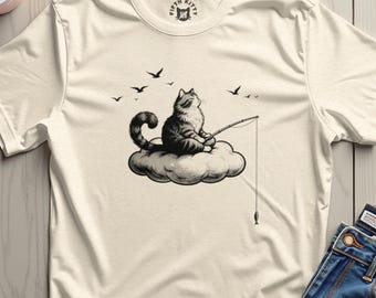 Whimsical Cat Fishing T-Shirt, Dreamy Cloud Graphic, Unisex Soft Cotton