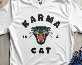 Karma Cat T-Shirt, Traditional Tattoo Panther Shirt, Edgy Graphic Tee, Retro Grunge Cat Lover Gift, Vintage Aesthetic Streetwear Top