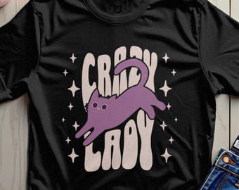 Koszulka Retro Cat Lady, fioletowa koszulka z grafiką skaczącego kota