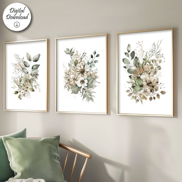 Sage Green Beige Theme Watercolor Botanical Set of 3 Prints Unique Wild Flowers Boho Floral Bundle Hallway Decoration Wildflower Posters Art