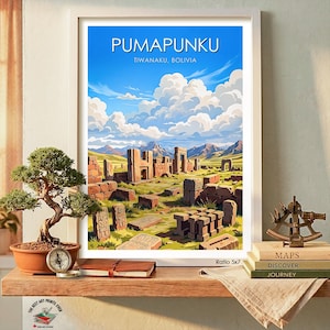 Pumapunku Travel Poster Gift Tiwanaku Wall Art Prints Bolivia Illustration Ancient Ruins Home-Office Decor
