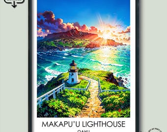 Makapuʻu Lighthouse Travel Poster Gift Oahu Wall Art Prints Hawaii Illustration Digital Download Decor