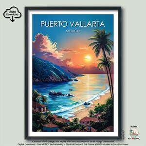 May include: A vintage travel poster featuring a colorful sunset over a beach scene in Puerto Vallarta, Mexico. The poster has a retro style with a palm tree in the foreground and a mountain range in the background.