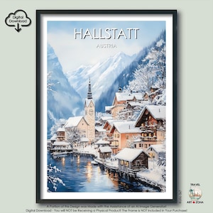 Winter Hallstatt Watercolor Travel Print Gift Hallstatt Art Lovers Gift Austria Digital Download Poster Austrian Wall Art Gallery Home Décor