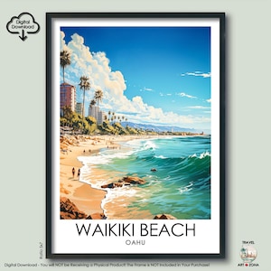Waikiki Beach Travel Print Gift Waikiki Beach Wall Art Gallery Hanging Home Décor Oahu Art Lovers Gift O&#39;ahu Digital Download Artwork Poster