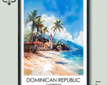 Dominican Republic Travel Poster Gift Caribbean Beach Art Prints Watercolor Illustration Digital Download Decor