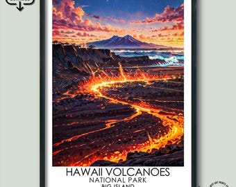 Póster de viaje del Parque Nacional de los Volcanes de Hawái, regalo, Isla Grande, descarga digital, impresiones artísticas, decoración