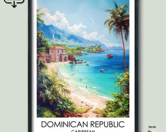 Dominican Republic Travel Poster Gift Caribbean Wall Art Prints Beach Illustration Digital Download