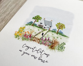 New Home Card - Cottage garden with wildflowers and black cat