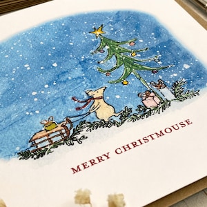 Paquete de 4 tarjetas navideñas con ratones: ratones navideños de acuarela entregando regalos