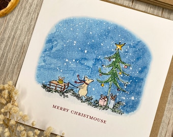 Christmas Mouse Card - Watercolour Christmas Mice delivering presents