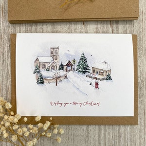 Cartão de Natal da Vila de Natal - Vila de Neve em Aquarela com Igreja, Casa de Campo e Caixa de Correio