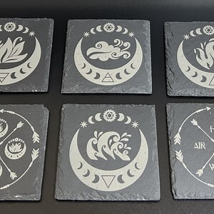 6 Piece Square Coaster Sets made of Slate, Four Elements, Air, Fire, Earth, Water, Alchemy, Philosophy, Spiritual, World, Nature