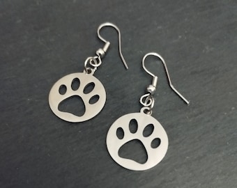 Minimal Paw Charm Earrings Necklace Set • Stainless Steel Thin Chain • Shiny Pet Charm Hooks• Puppy Dog Cat Lover Jewelry • Unisex Gift