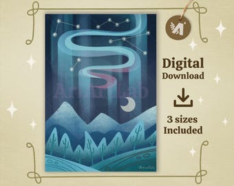 Impresión de cielo nocturno caprichoso: Arte mural con paisaje de montaña mágico (Descarga digital A4, A5 y A6)