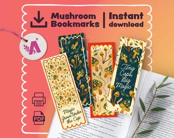 Marcapáginas de hongos imprimibles: Regalo de lectura inspirado en el bosque (Descarga PDF, juego de 4)
