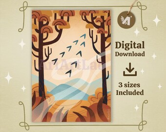 Impresión de Aves en Vuelo Otoñal: Paisaje Otoñal Fantástico (Descarga Digital en Tamaños A4, A5 y A6)