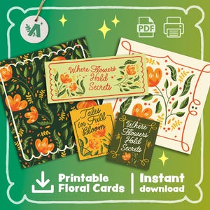 Ensemble de cartes florales imprimables – 5 cartes numériques d'inspiration vintage | Cartes postales de citation florale | Téléchargement instantané | Feuille A4