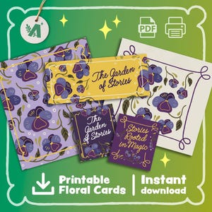 Garden of Stories druckbare Karten - digitales Briefpapier-Set mit violetten Blumen | Ästhetische Kunst, Bücherwurm | Stiefmütterchen Zitat Karten für Journaling & Geschenke
