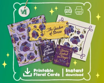 Tarjetas imprimibles de Jardín de Historias: papelería digital con flores violetas, arte literario estético, tarjetas con frases de pensamientos para diario y regalos.