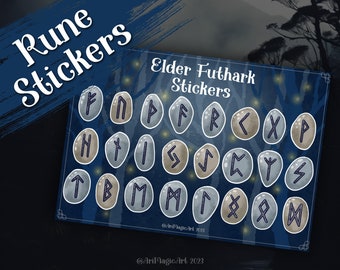 Pegatinas imprimibles de runas: pegatinas de Elder Futhark, pegatinas de Wicca, pegatinas de runas de brujas, magia vikinga escandinava, nórdica, piedra, Halloween