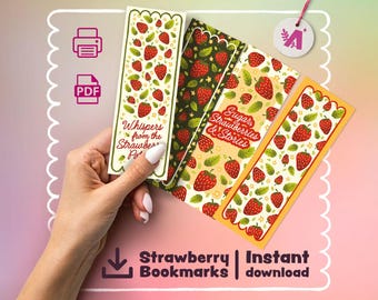 Marcapáginas de fresa imprimibles – Juego de 4 marcadores en PDF / Bonito regalo de lectura con bayas / Descarga instantánea para amantes de la lectura
